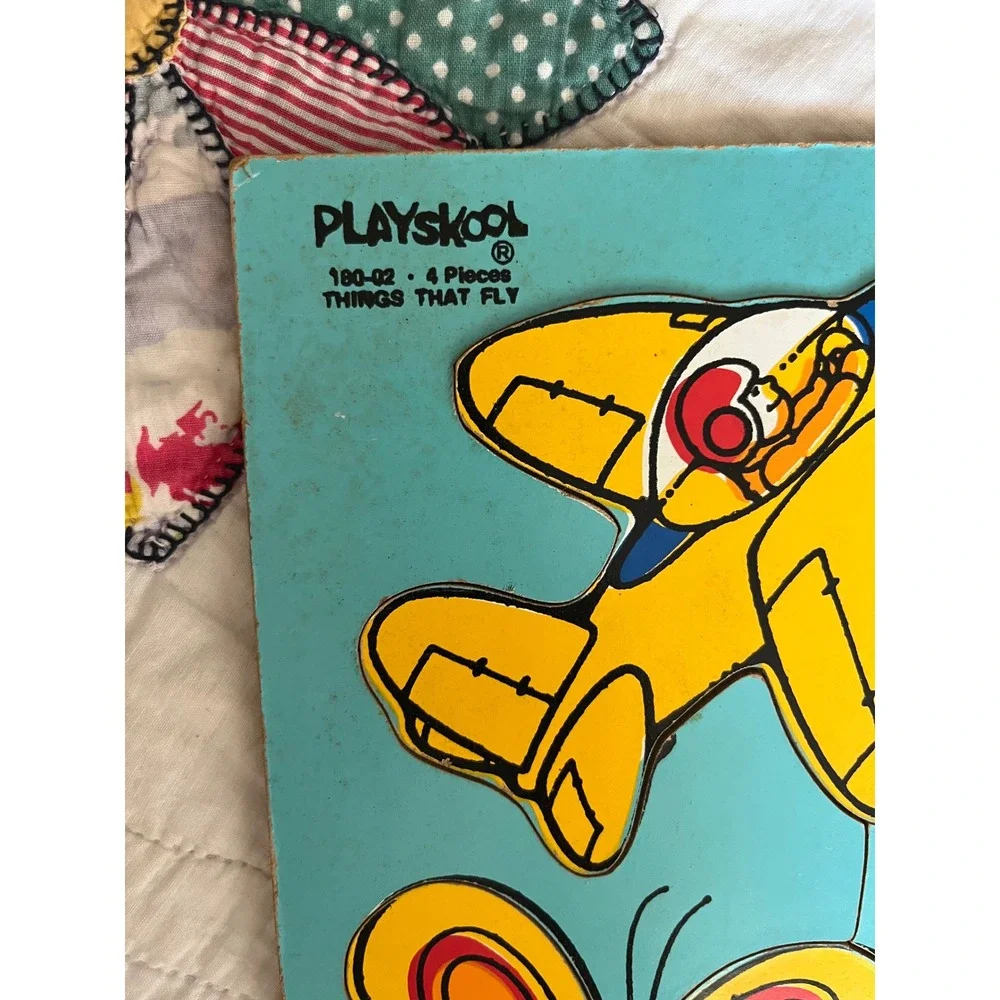 Vintage Playskool Wooden Inlay Puzzle Things That Fly 180-02 4 Piece Made in USA